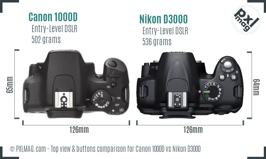 Canon 1000D vs Nikon D3000 top view buttons comparison