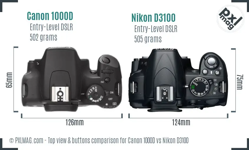 Canon 1000D vs Nikon D3100 top view buttons comparison