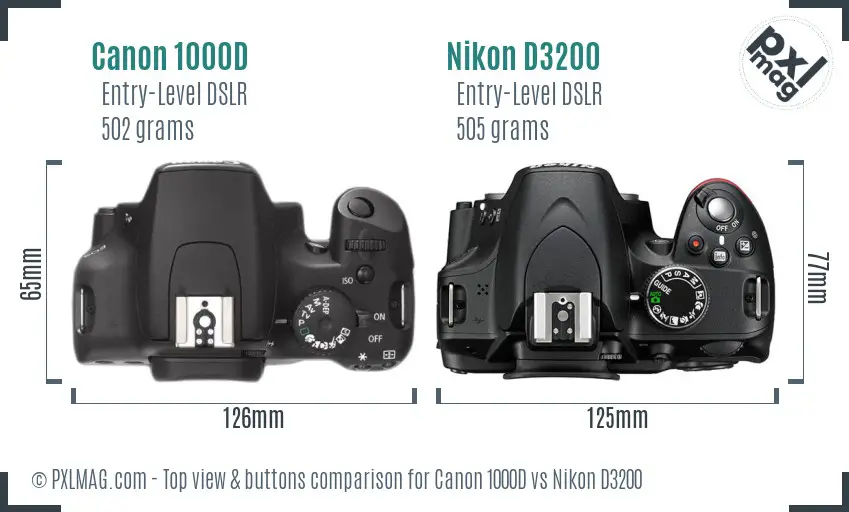 Canon 1000D vs Nikon D3200 top view buttons comparison