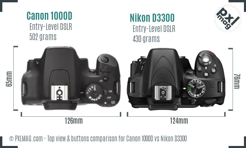 Canon 1000D vs Nikon D3300 top view buttons comparison