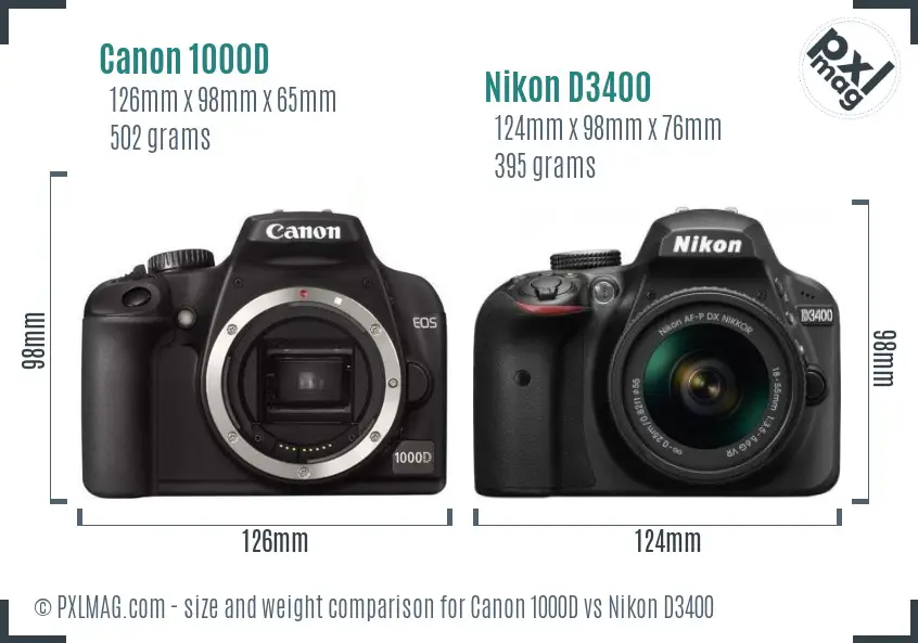 Canon 1000D vs Nikon D3400 size comparison