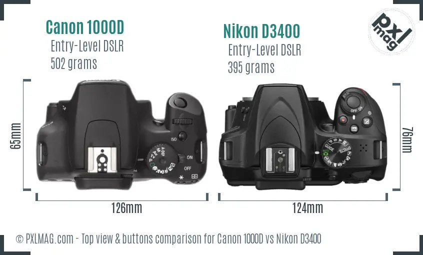 Canon 1000D vs Nikon D3400 top view buttons comparison