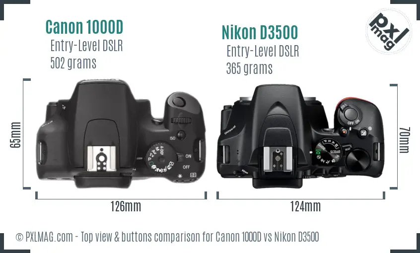 Canon 1000D vs Nikon D3500 top view buttons comparison