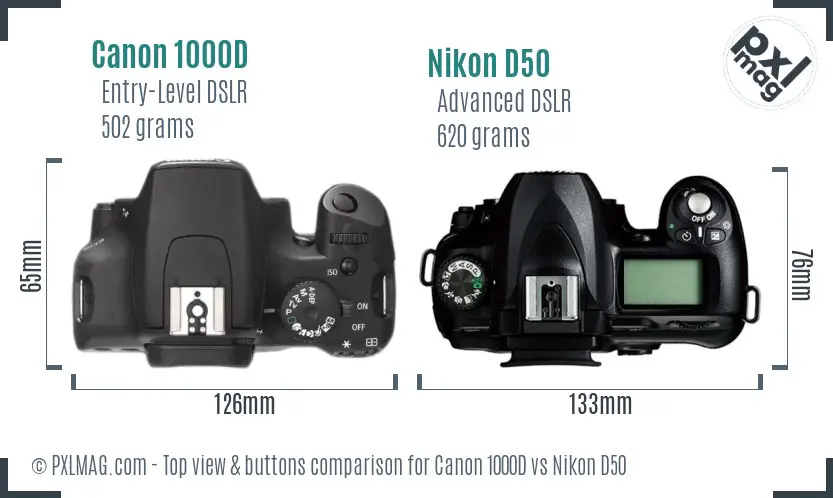 Canon 1000D vs Nikon D50 top view buttons comparison Canon 1000D vs Nikon D50 top view buttons comparison