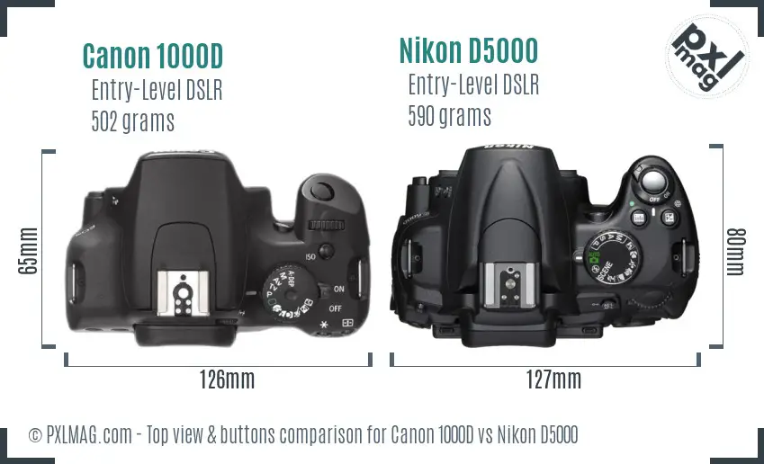 Canon 1000D vs Nikon D5000 top view buttons comparison