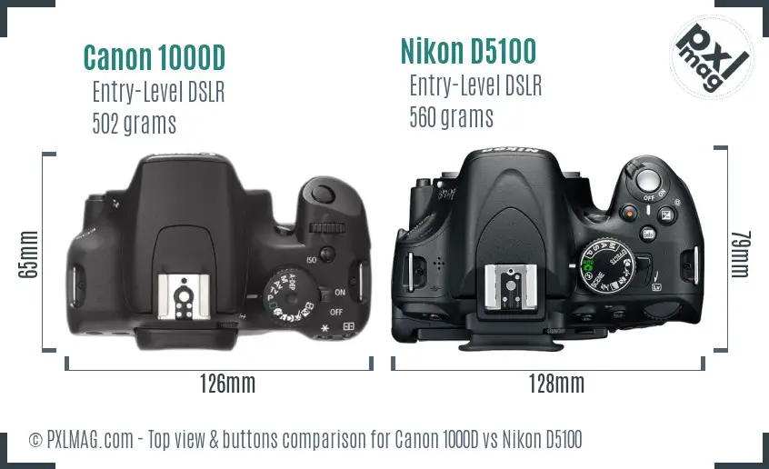 Canon 1000D vs Nikon D5100 top view buttons comparison