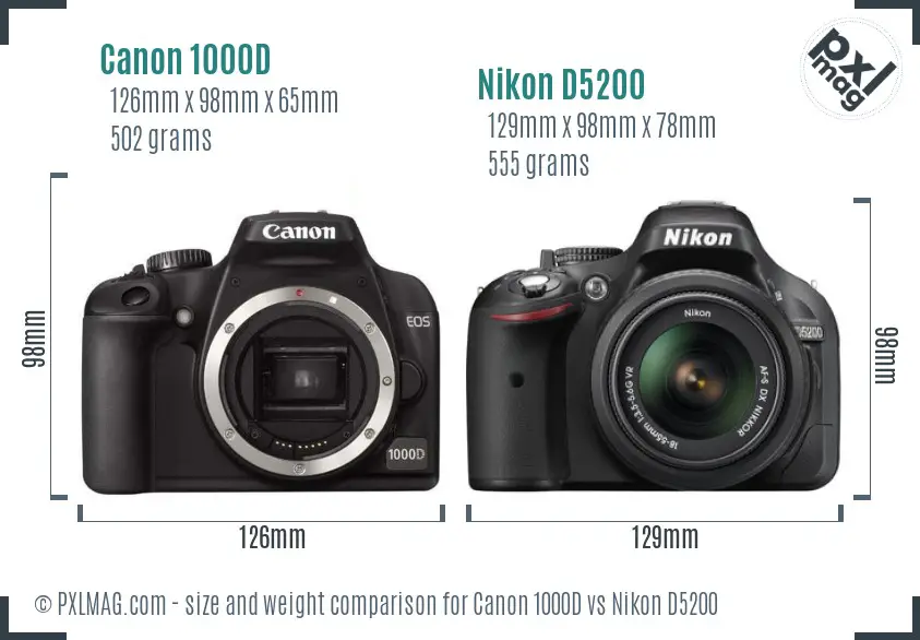 Canon 1000D vs Nikon D5200 size comparison