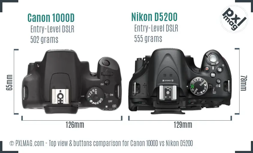 Canon 1000D vs Nikon D5200 top view buttons comparison