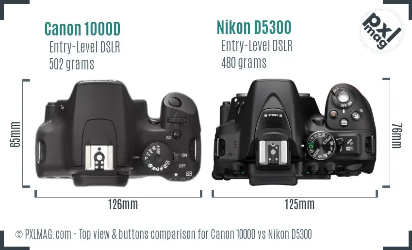 Canon 1000D vs Nikon D5300 top view buttons comparison