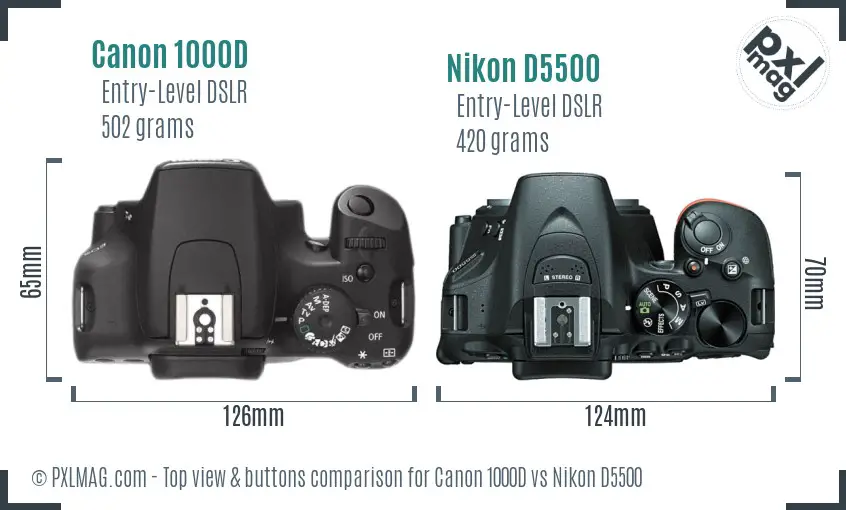Canon 1000D vs Nikon D5500 top view buttons comparison