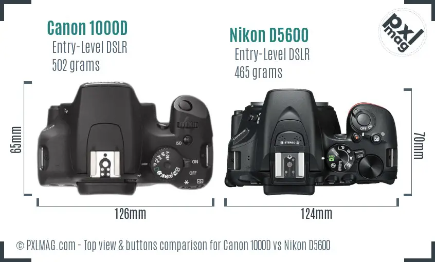 Canon 1000D vs Nikon D5600 top view buttons comparison