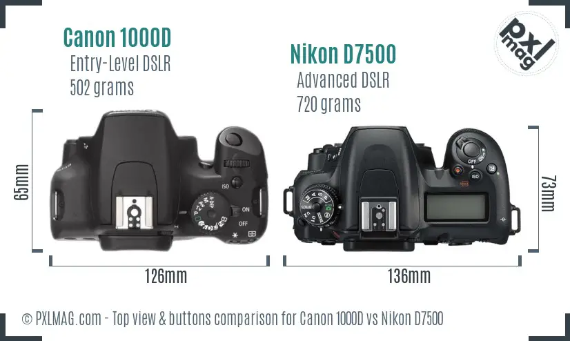 Canon 1000D vs Nikon D7500 top view buttons comparison Canon 1000D vs Nikon D7500 top view buttons comparison