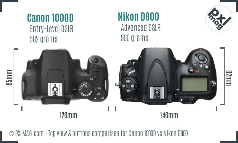 Canon 1000D vs Nikon D800 top view buttons comparison Canon 1000D vs Nikon D800 top view buttons comparison