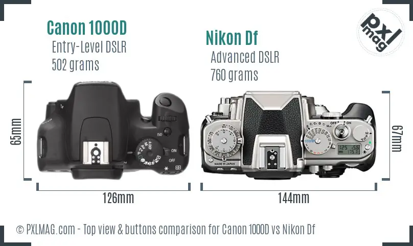 Canon 1000D vs Nikon Df top view buttons comparison Canon 1000D vs Nikon Df top view buttons comparison