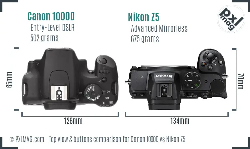 Canon 1000D vs Nikon Z5 top view buttons comparison