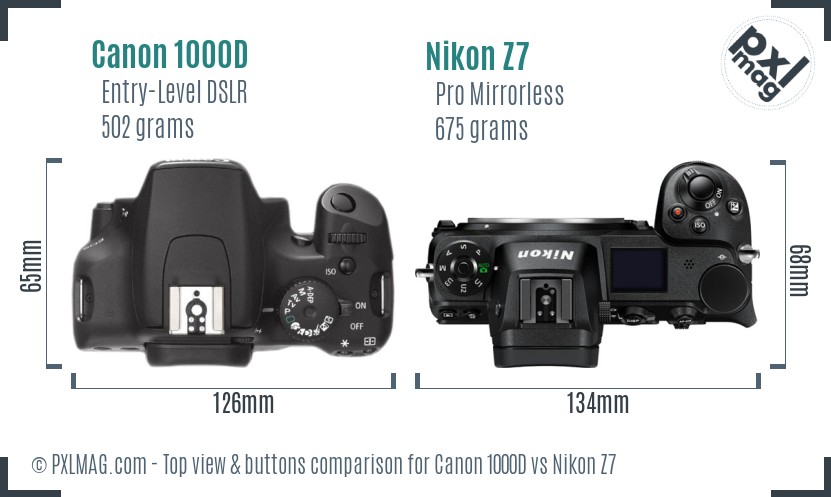 Canon 1000D vs Nikon Z7 top view buttons comparison
