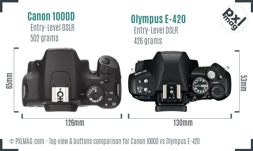 Canon 1000D vs Olympus E-420 top view buttons comparison