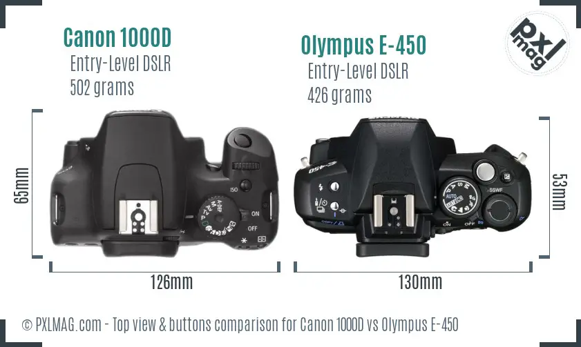 Canon 1000D vs Olympus E-450 top view buttons comparison