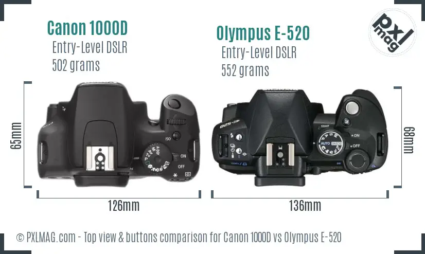 Canon 1000D vs Olympus E-520 top view buttons comparison