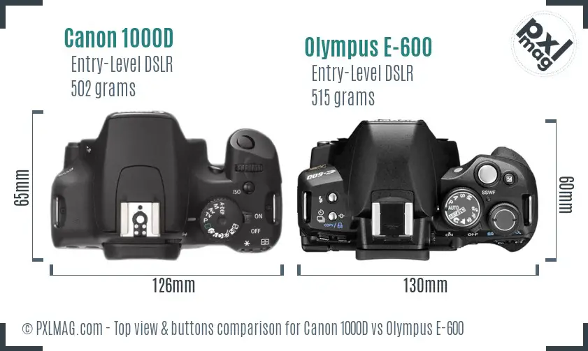 Canon 1000D vs Olympus E-600 top view buttons comparison