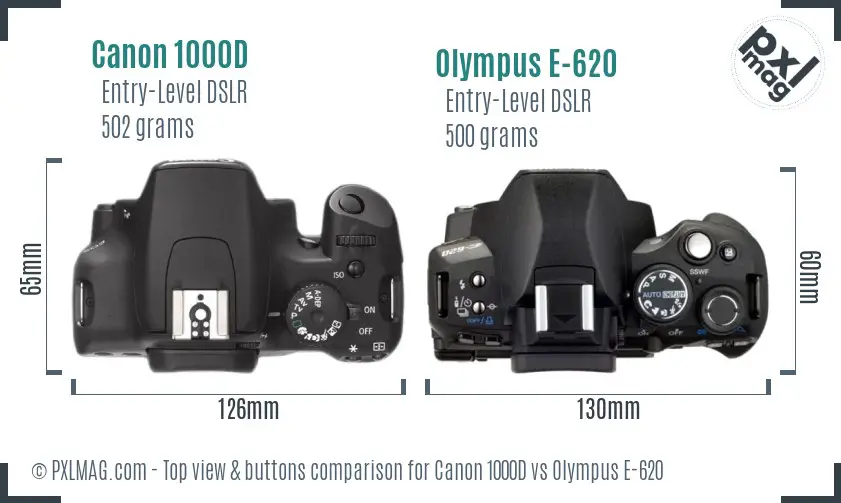 Canon 1000D vs Olympus E-620 top view buttons comparison