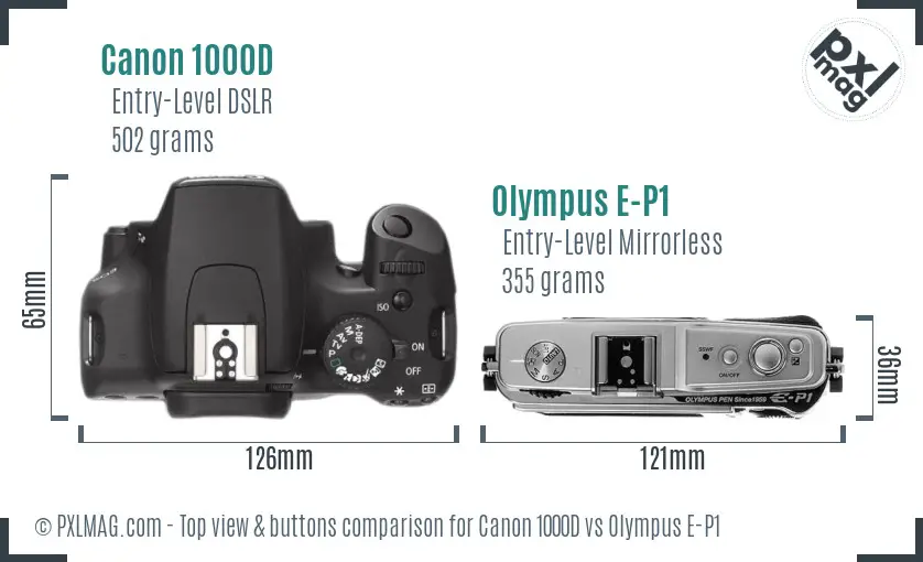 Canon 1000D vs Olympus E-P1 top view buttons comparison