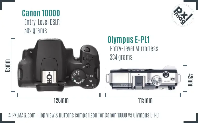 Canon 1000D vs Olympus E-PL1 top view buttons comparison Canon 1000D vs Olympus E-PL1 top view buttons comparison