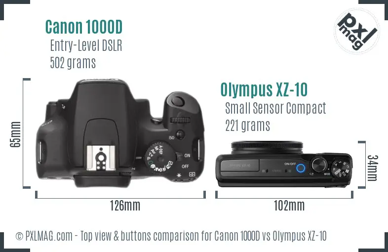 Canon 1000D vs Olympus XZ-10 top view buttons comparison