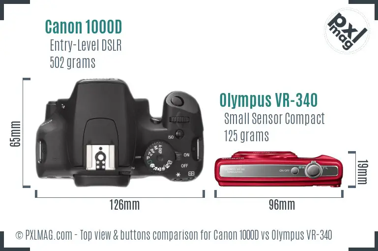 Canon 1000D vs Olympus VR-340 top view buttons comparison Canon 1000D vs Olympus VR-340 top view buttons comparison