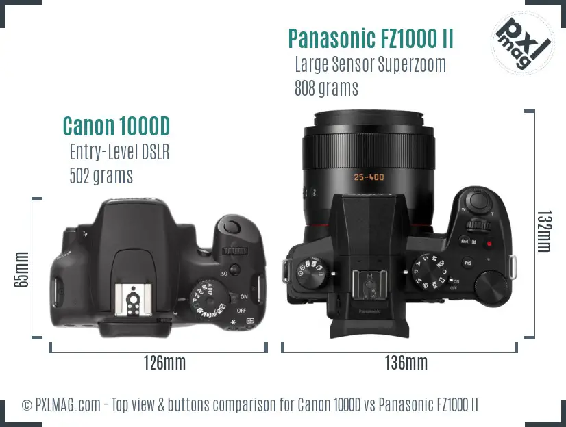 Canon 1000D vs Panasonic FZ1000 II top view buttons comparison Canon 1000D vs Panasonic FZ1000 II top view buttons comparison