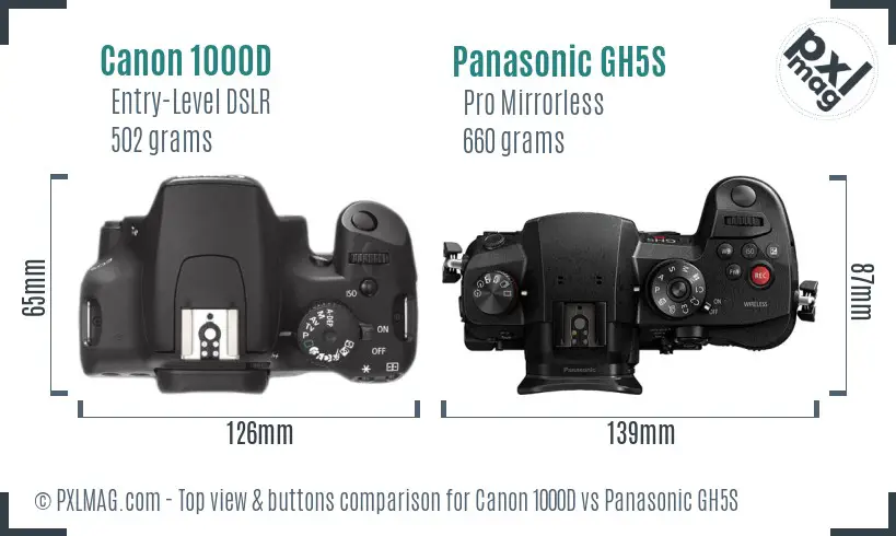 Canon 1000D vs Panasonic GH5S top view buttons comparison Canon 1000D vs Panasonic GH5S top view buttons comparison