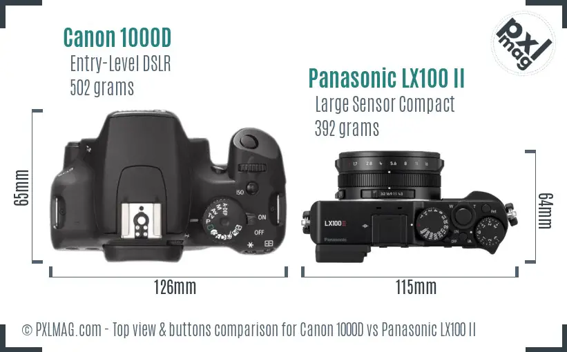 Canon 1000D vs Panasonic LX100 II top view buttons comparison