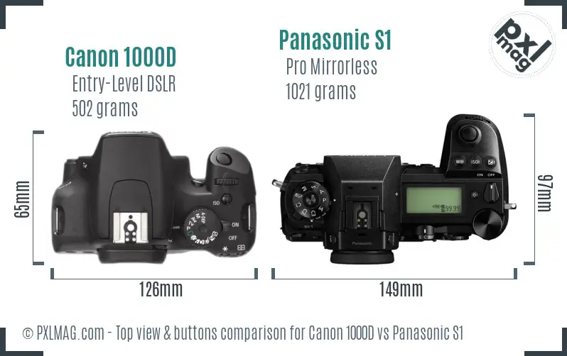 Canon 1000D vs Panasonic S1 top view buttons comparison
