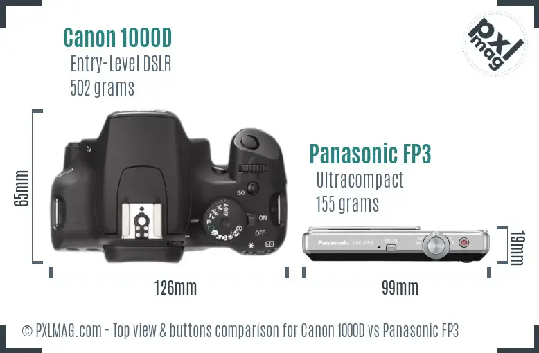 Canon 1000D vs Panasonic FP3 top view buttons comparison Canon 1000D vs Panasonic FP3 top view buttons comparison