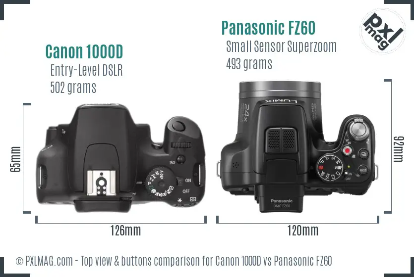 Canon 1000D vs Panasonic FZ60 top view buttons comparison