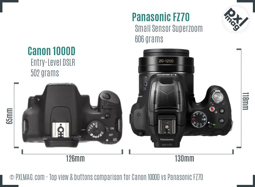 Canon 1000D vs Panasonic FZ70 top view buttons comparison Canon 1000D vs Panasonic FZ70 top view buttons comparison