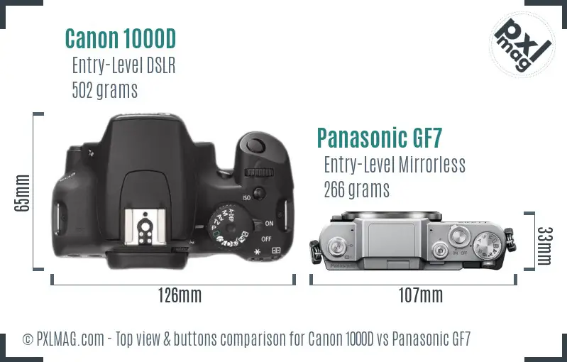 Canon 1000D vs Panasonic GF7 top view buttons comparison Canon 1000D vs Panasonic GF7 top view buttons comparison