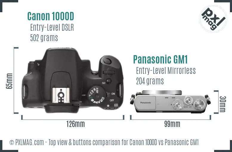 Canon 1000D vs Panasonic GM1 top view buttons comparison Canon 1000D vs Panasonic GM1 top view buttons comparison