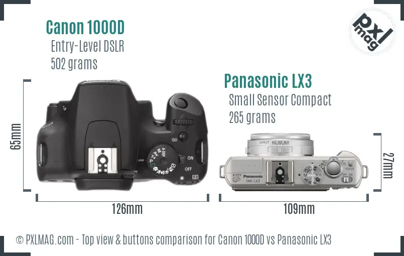 Canon 1000D vs Panasonic LX3 top view buttons comparison Canon 1000D vs Panasonic LX3 top view buttons comparison