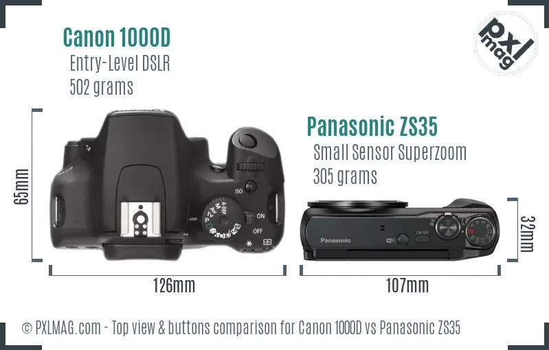 Canon 1000D vs Panasonic ZS35 top view buttons comparison