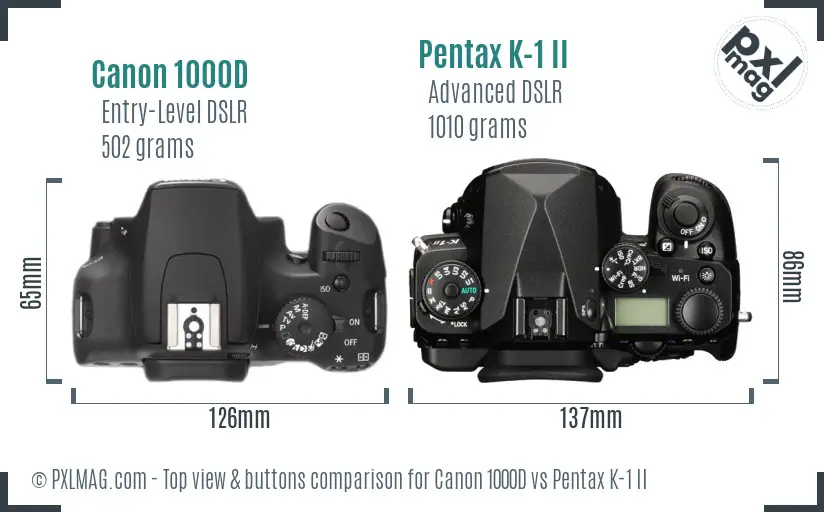 Canon 1000D vs Pentax K-1 II top view buttons comparison Canon 1000D vs Pentax K-1 II top view buttons comparison