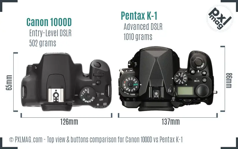 Canon 1000D vs Pentax K-1 top view buttons comparison Canon 1000D vs Pentax K-1 top view buttons comparison