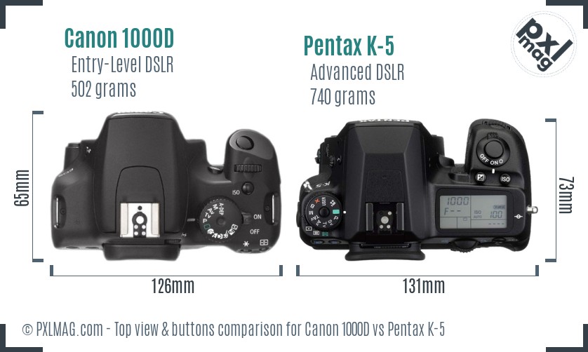 Canon 1000D vs Pentax K-5 top view buttons comparison
