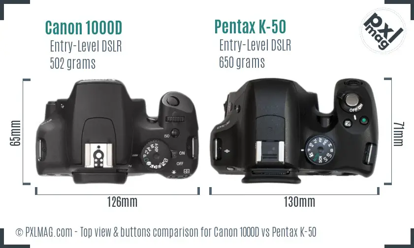 Canon 1000D vs Pentax K-50 top view buttons comparison