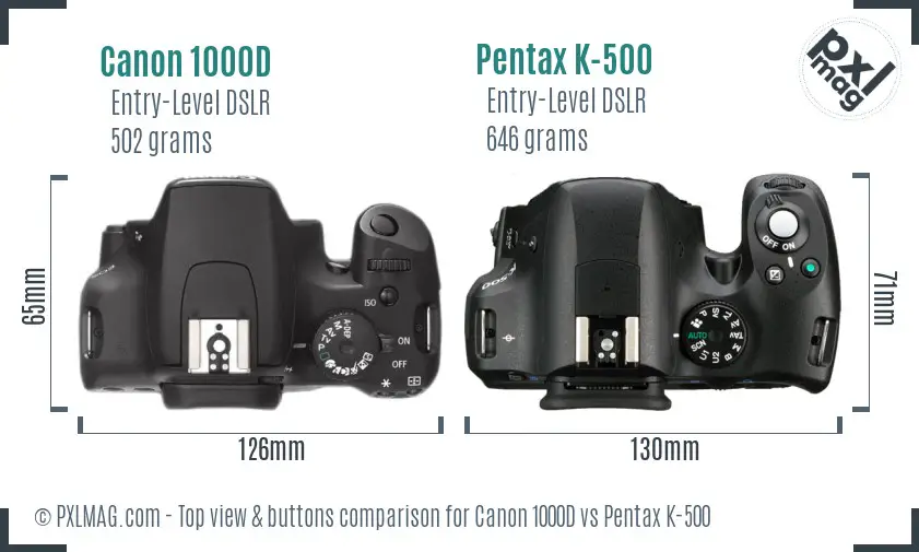 Canon 1000D vs Pentax K-500 top view buttons comparison