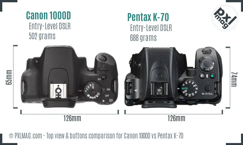 Canon 1000D vs Pentax K-70 top view buttons comparison