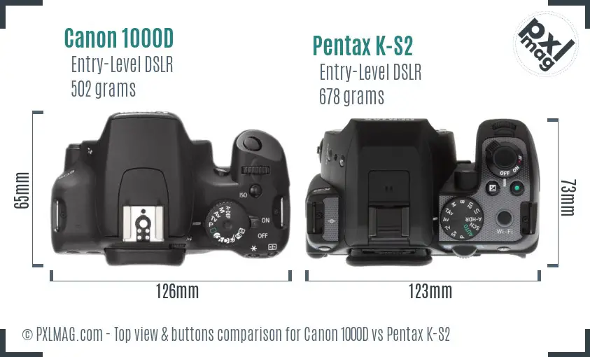 Canon 1000D vs Pentax K-S2 top view buttons comparison