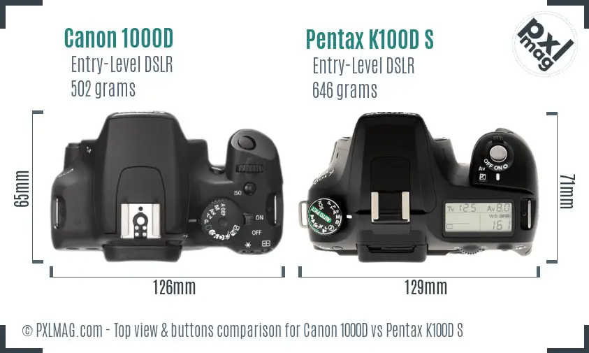 Canon 1000D vs Pentax K100D S top view buttons comparison