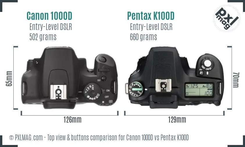 Canon 1000D vs Pentax K100D top view buttons comparison