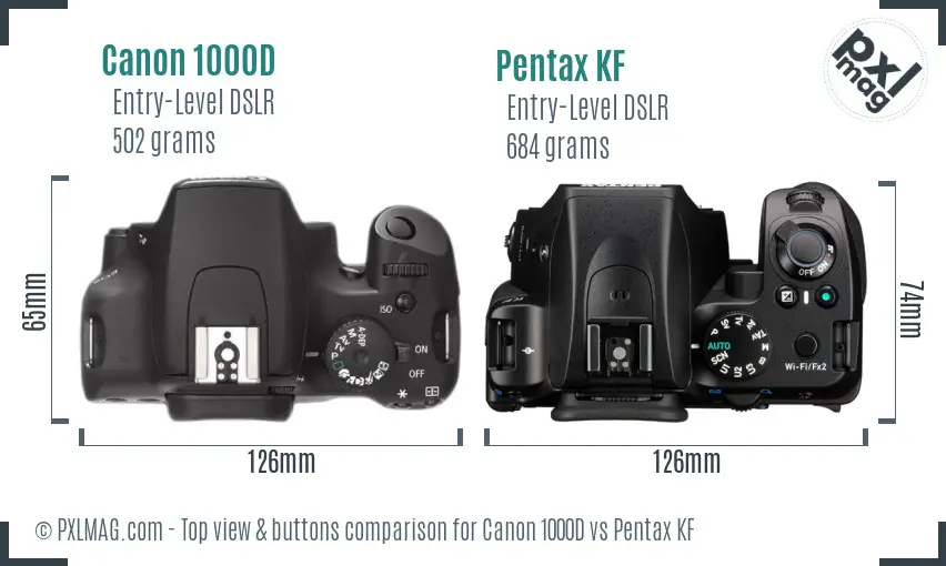 Canon 1000D vs Pentax KF top view buttons comparison